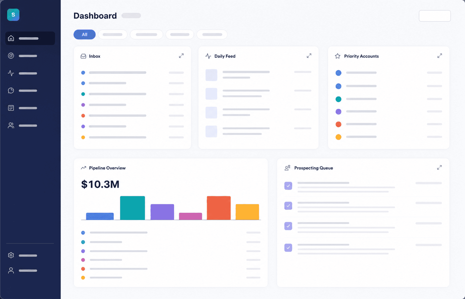 ShiftUp dashboard with inbox, daily feed, priority accounts, and pipeline overview