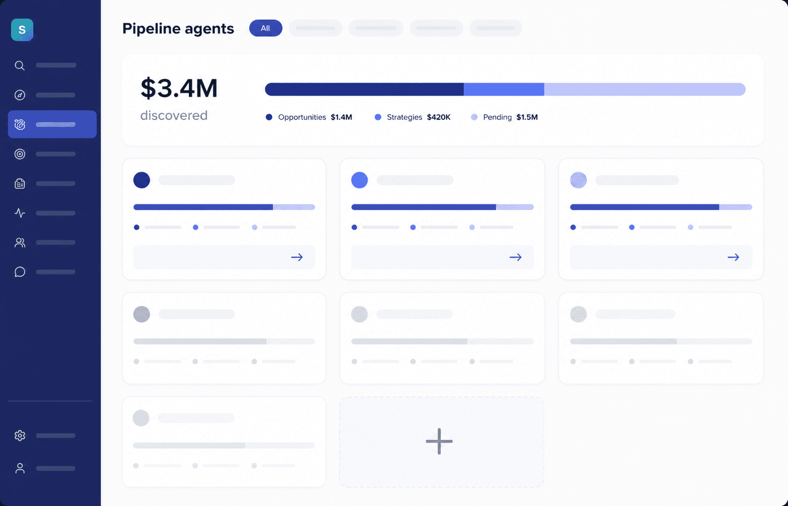 Pipeline agents dashboard showing discovered revenue and agent cards