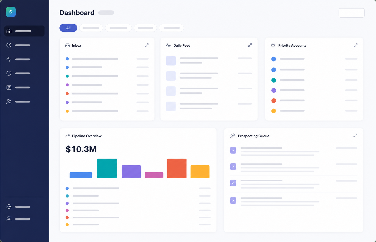 ShiftUp dashboard with inbox, daily feed, priority accounts, and pipeline overview